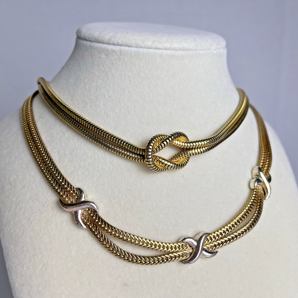 Vintage Double Strand Gold Tone Necklace Lot Avon X & Knot Tie 16-18" Costume - Picture 1 of 13